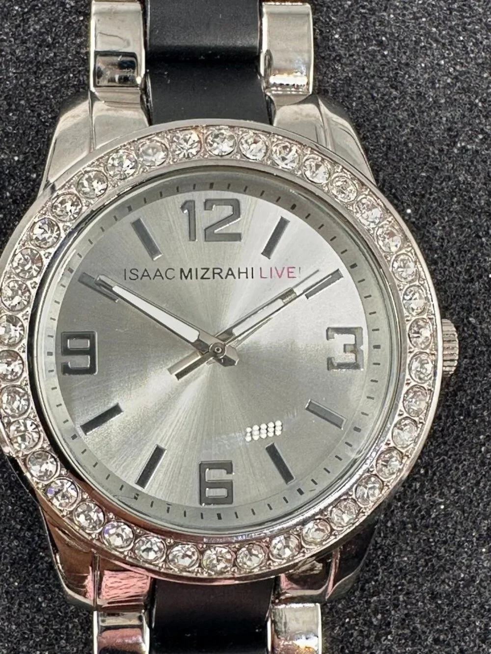 Isaac Mizarhi Live Watch Women Silver Tone Black Crystal Bezel New Battery 6.75